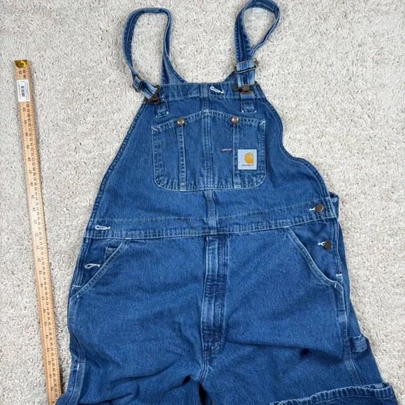 Carhartt R07 DST Denim Bib Overalls Men 38x32 Dark Stone Blue Excellent Workwear - Picture 1 of 10